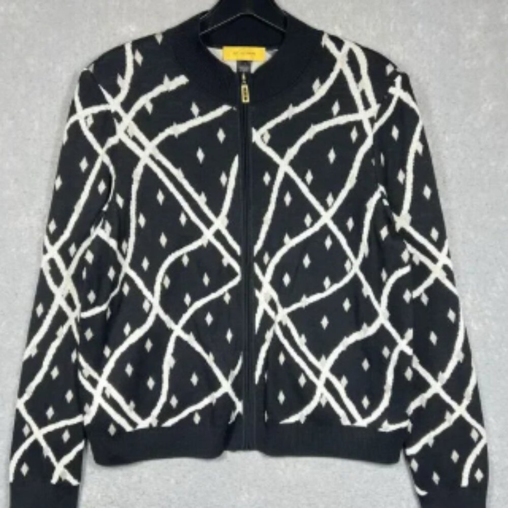 St John Cardigan Jacket Printed Pattern Knit Padded Zipper Black Women’s Large